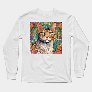 Vintage Colorful Cat Illustration Long Sleeve T-Shirt